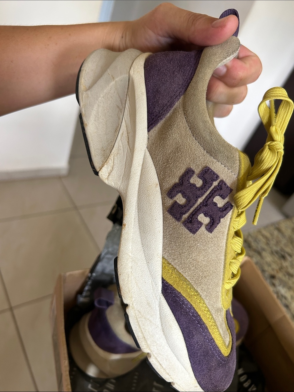 Tory Burch Purple, Beige and Yellow Suede Runner Sneaker